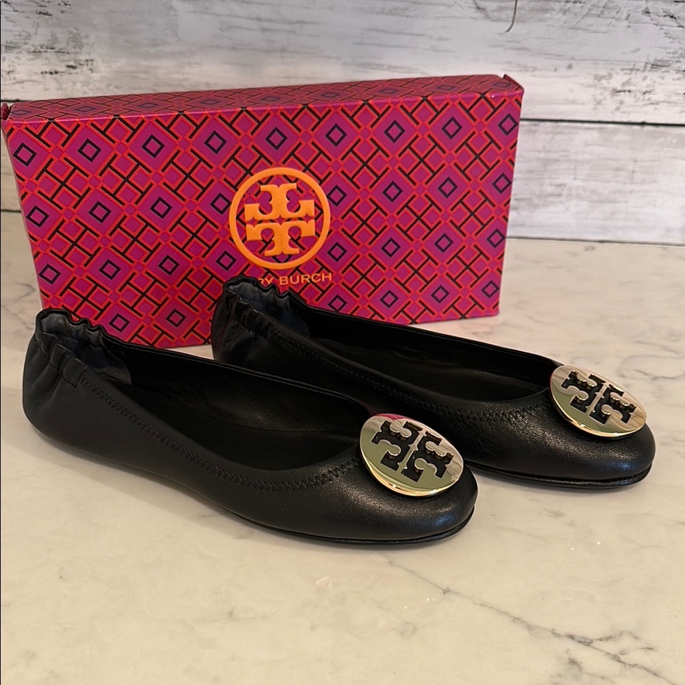 Tory Burch Minnie Travel Black Flats with Gold Logo